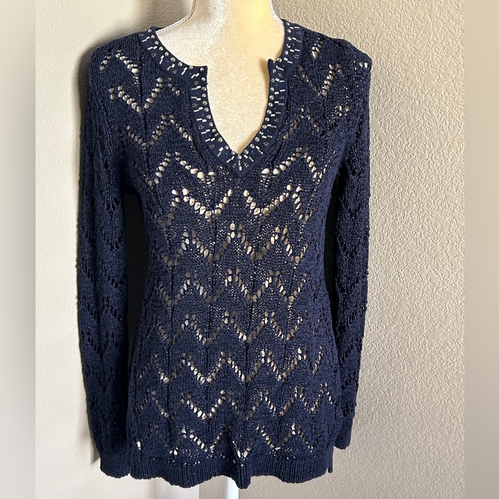 White House Black Market Navy Open-Knit V-Neck Sweater XS